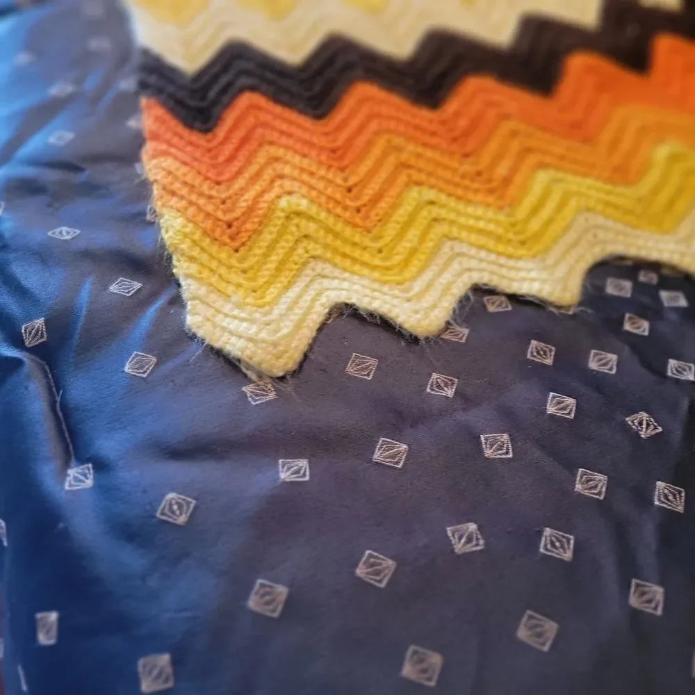 Vintage 70s Afghan Crochet Handmade Orange & Brown Chevron Knit Blanket Throw